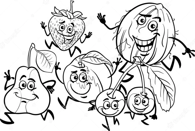 Coloring page running peach with other fruits